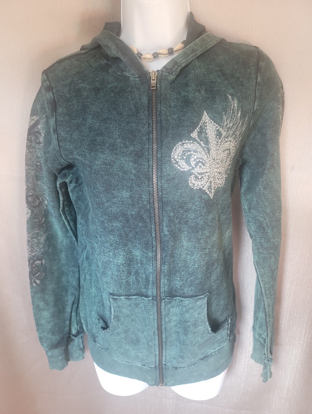 Embellished Washed Green Zip-Up Hoodie
